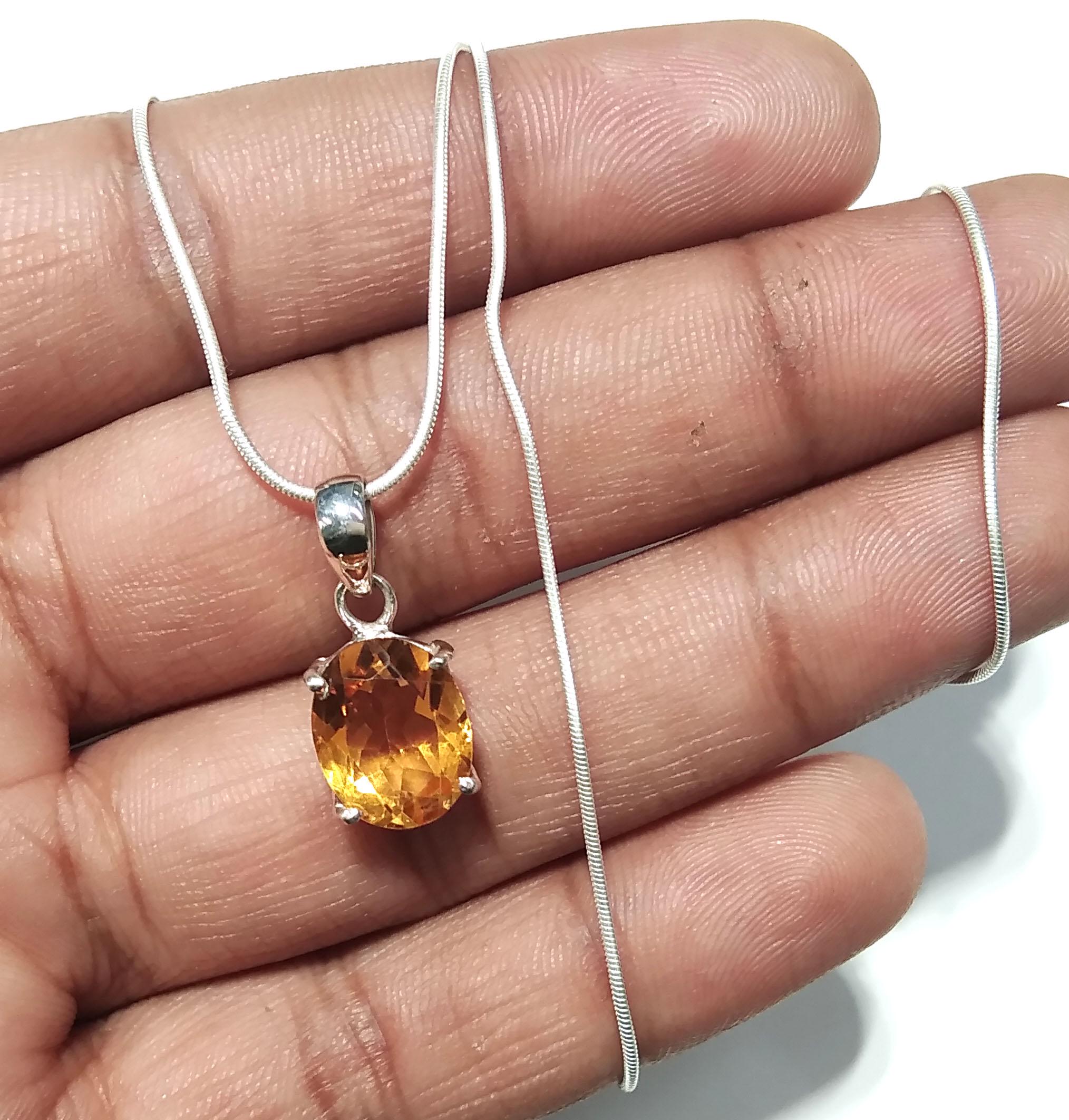 Natural Citrine Gemstone Pendant Chain Necklace, 925 Sterling Silver Pendant Necklace, Handmade Jewelry Stone Size 11x9 mm Gift Pendant